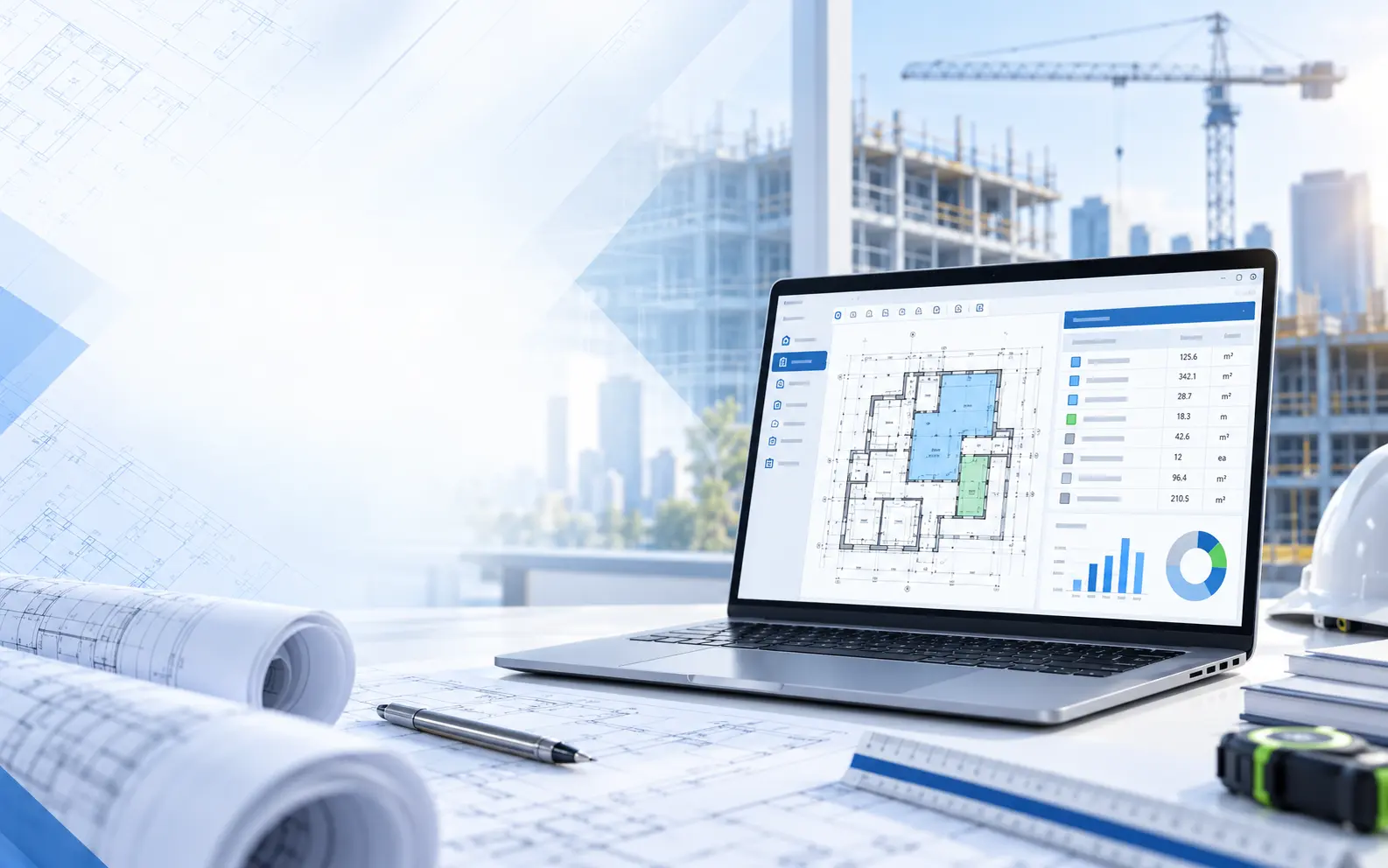Laptop displaying a construction quantity takeoff workspace beside architectural drawings